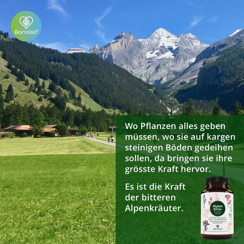 Bonvigo Alpenbitter 90 Bitter Capsules With Gentian, Wormwood, Dandelion, Centaury - Choline Supports Liver, Fat Metabolism, Digestion - 12-Herb Formula According To Stomach Bitter Monastery Recipe 1 - NewNest Australia