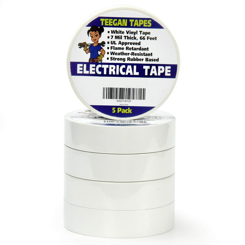 White Electrical Tape - Vinyl Electric Tape (5 Pack) | 7 mil Thick Vinyl Tape 3/4 Inch Wide 66 Foot Long Roll | Strong Rubber Base | Flame Retardant, Temperature & Weather Resistant (White) White - NewNest Australia