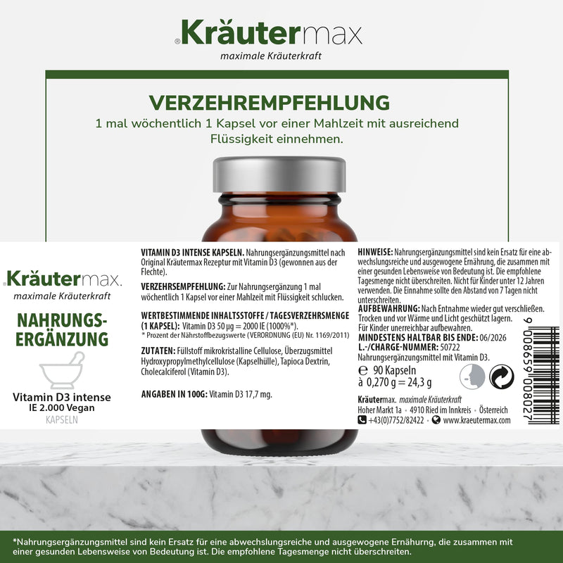 Kr√§Utermax Vitamin D3 Intense | Vitamin D3 High Dose Vegan | Vitamin D Capsules | High Dose Vitamin D3 According To The Herbal Max Original Formula | Naturally Without Gelatine | 1 X 90 Pieces - NewNest Australia