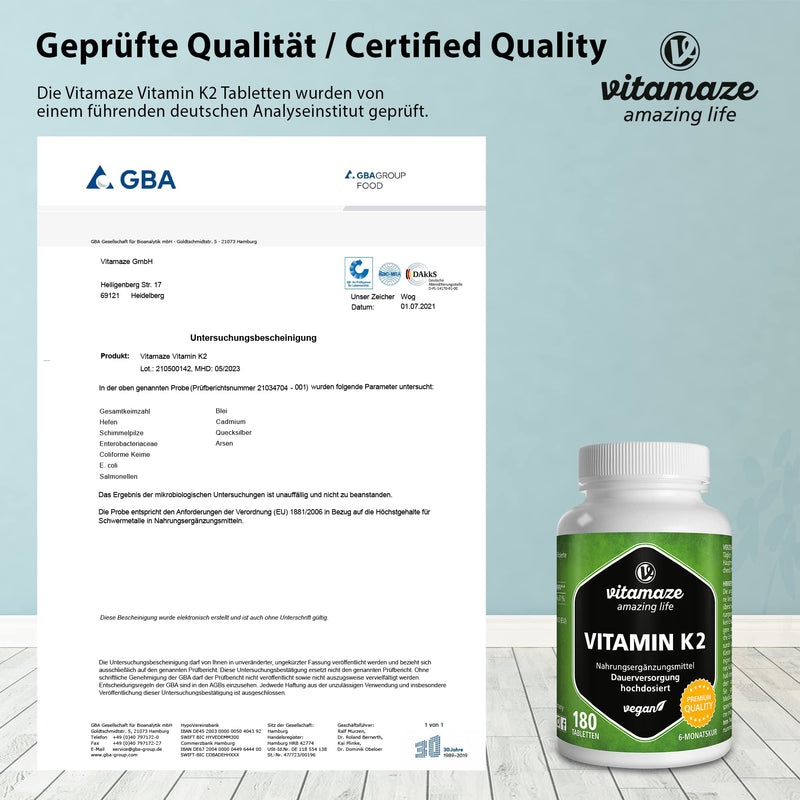 Vitamin K2 high dose & vegan, 200 mcg MK-7 Menaquinone (certified, all-trans form), 180 tablets 6 month supply, natural dietary supplement without additives, Made in Germany - NewNest Australia