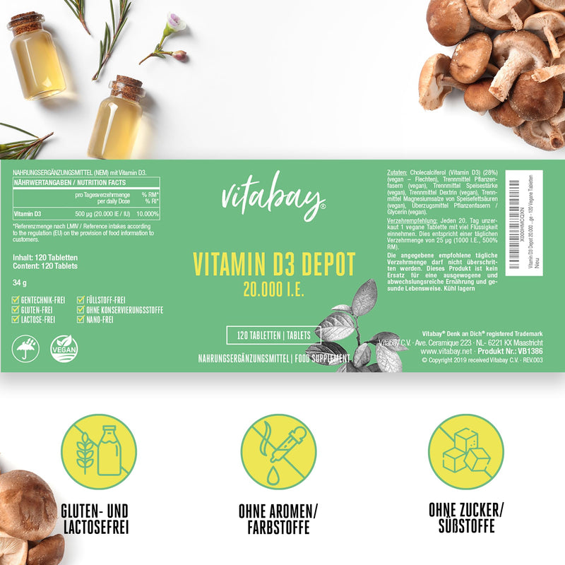 Vitabay - Vitamin D3 Depot 20,000 IU - 120 Vegans - High Dose 20,000 Vitamin D Tablets - Vit D Capsules Vit D3 20,000 120 Pieces (Pack of 1) - NewNest Australia