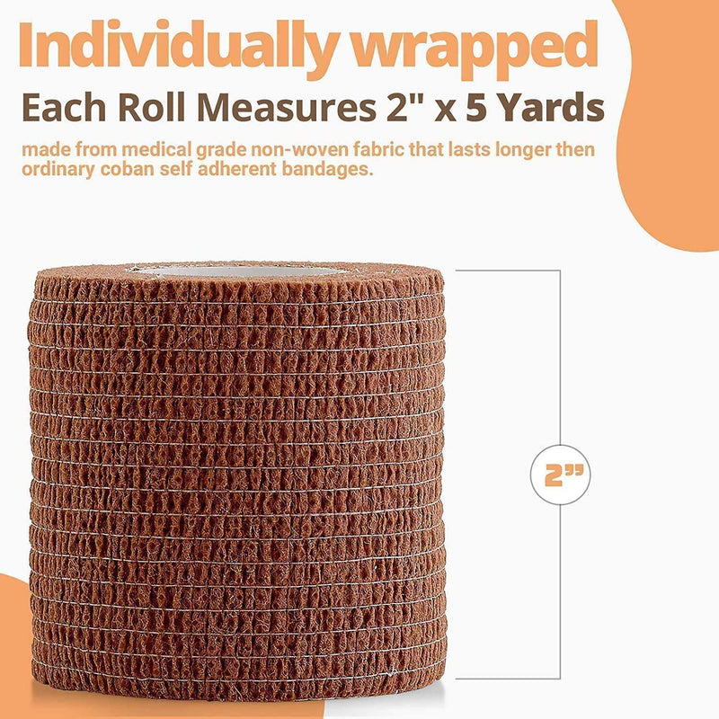 Self Adhesive Cohesive Tape - 2 Inch X 4 Feet, 12 Pack (Medium Brown) Self Adhesive Bandage Rolls And Sports Bandage For Ankle, Wrist, Knee Sprains And Swelling - NewNest Australia
