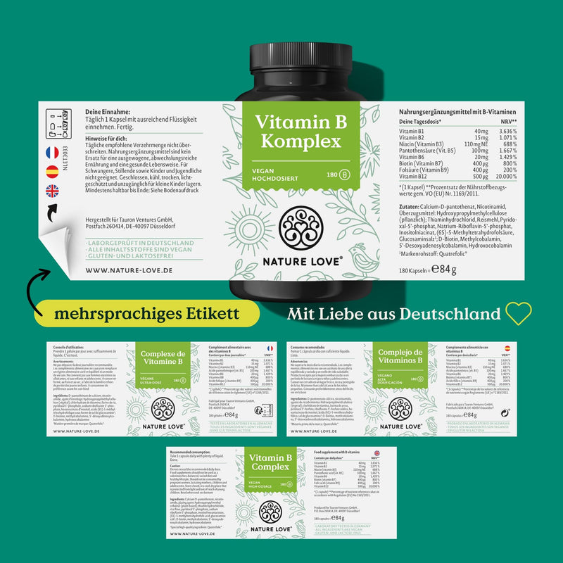 Nature Love Vitamin B Complex Forte - 180 Capsules (6 Months), Doses Up To 10 Times Higher Than Other Vitamin B Complexes, Premium: With Bio-Active Vitamin B Forms, Thus Ensuring High Bioavailability - NewNest Australia