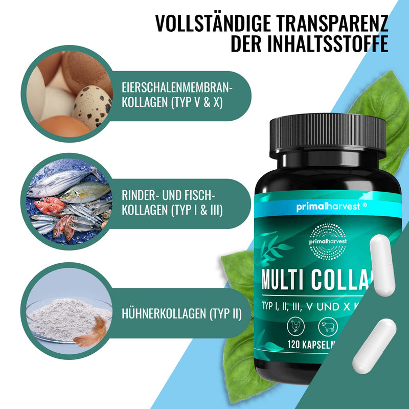 Primal Harvest  Multi-Collagen - 120 Collagen Capsules High Dose - Premium Collagen Complex For Hair, Skin, Nails, Joints And Intestinal - Gmp Certified & Made In Germany - Gluten & Soy Free - NewNest Australia