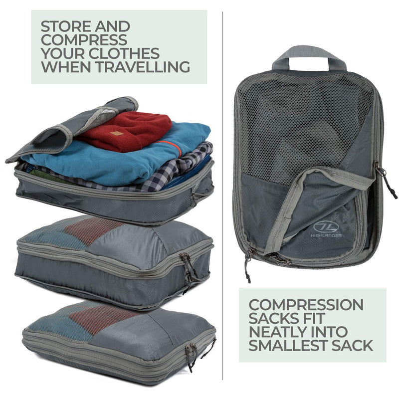 Highlander Compakta Compression Packing Cubes Organiser (Set of 3) - Lightweight Luggage Suitcase Travel Pouches Bag Safe Storage – Great for Clothes, Accessories, Cosmetics and Toiletries - NewNest Australia
