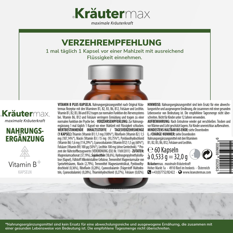 Kr√§Utermax Vitamin B Complex | Vitamin B Complex Capsules High Dose | Natural, Vegan Made According To Herbal Manner | Vitamin B1, B2, B3, B6, B12, Folic Acid And Lecithin | 1 X 60 Pieces - NewNest Australia