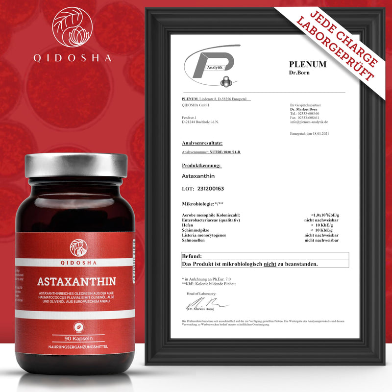 QIDOSHA® Astaxanthin 12mg from EU raw materials, 12mg astaxanthin per capsule plus olive oil, 90 capsules in a glass, vegan astaxanthin, high-dose liquid astaxanthin from Portuguese algae farming - NewNest Australia