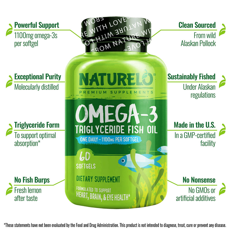 NATURELO Omega-3 Fish Oil Supplement - EPA + DHA - 1100 mg Triglyceride Omega-3 per Gel - One A Day - for Heart, Eye, Brain, Joint Health - No Burps - Lemon Flavor - 60 Softgels | 2 Month Supply 60 Count (Pack of 1) - NewNest Australia