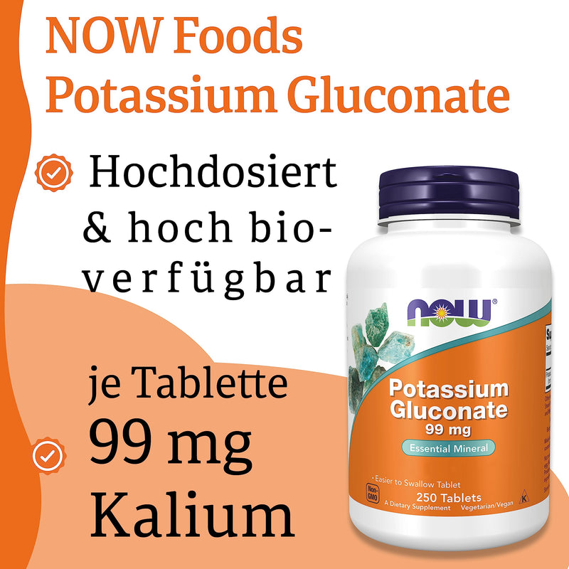 Now Foods Potassium Gluconate (potassium gluconate), 99 mg, 250 vegan tablets, laboratory tested, gluten-free, soy-free, vegetarian, non-GMO, for blood pressure, muscles and nerves, undiminished 240 g (pack of 1) - NewNest Australia