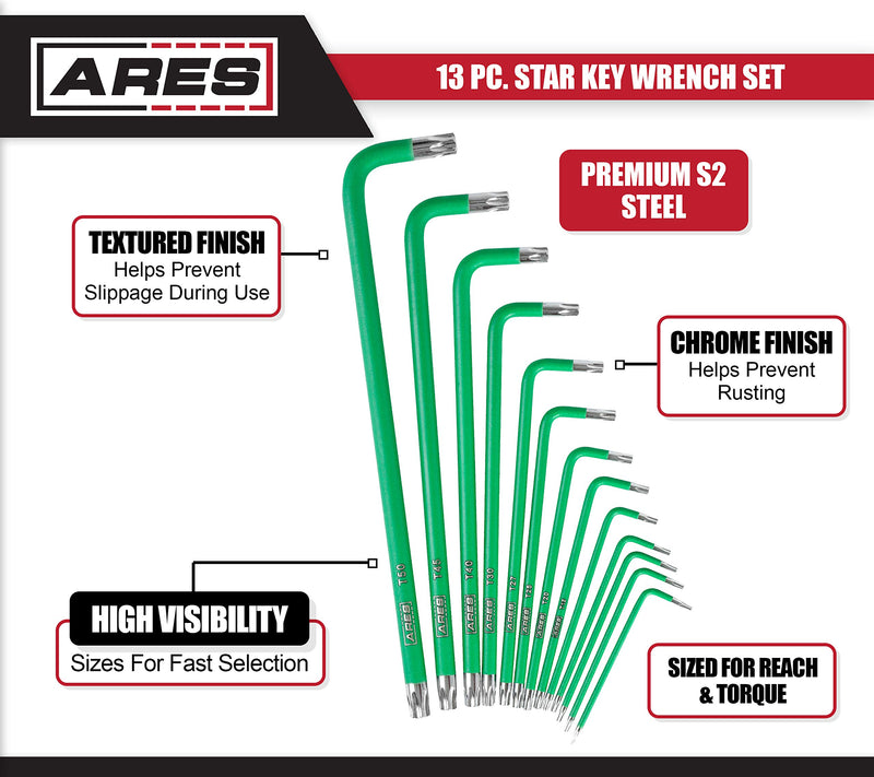 ARES 70166-13-Piece Extra Long Arm Star Key Wrench Set - Chrome Finish with Green High Visibility Anti-Slip Coating - Convenient Storage Case Included Star Key Set - NewNest Australia