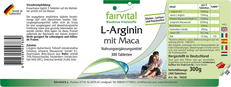 Fairvital L-Arginine + Maca Plus - High Dose - with Beta-Glucan, OPC and Zinc - 300 Tablets - NewNest Australia