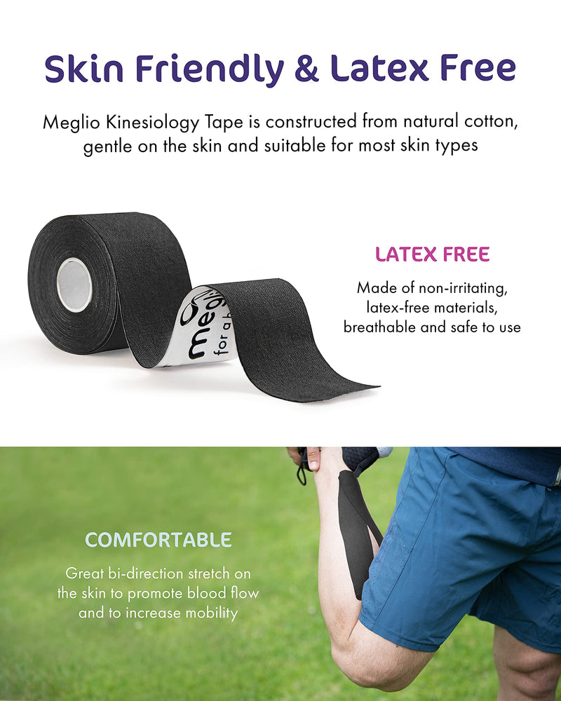 Meglio Kinesiology Tape - Uncut 5 Metre Roll - Therapeutic and Hypoallergenic - For Muscle Support & Sports Injury Recovery - Breathable & Waterproof - Knee, Ankle, & Wrist - Long Lasting Adhesive Black - NewNest Australia