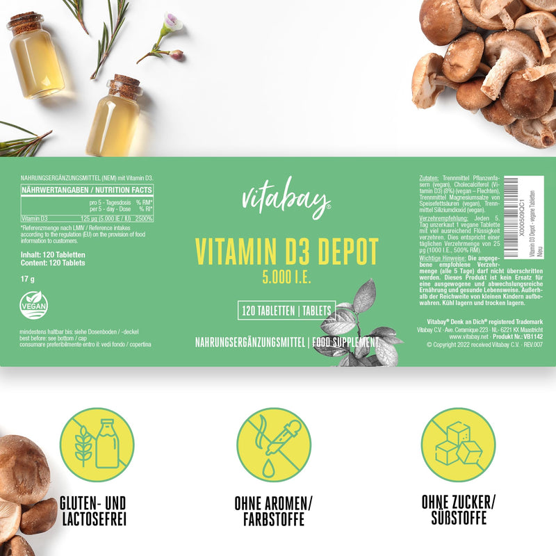 Vitabay - Vitamin D3 Depot 5000 IU - 120 Vegan Tablets - Vitamin D High Dose 5000 Vitamin D 5000 Vitamin D3 Capsules Vitamin D Tablets - Vit D Vitamin D Capsules Vit D3 Vitamin D3 5000 120 Pieces (Pack of 1) - NewNest Australia