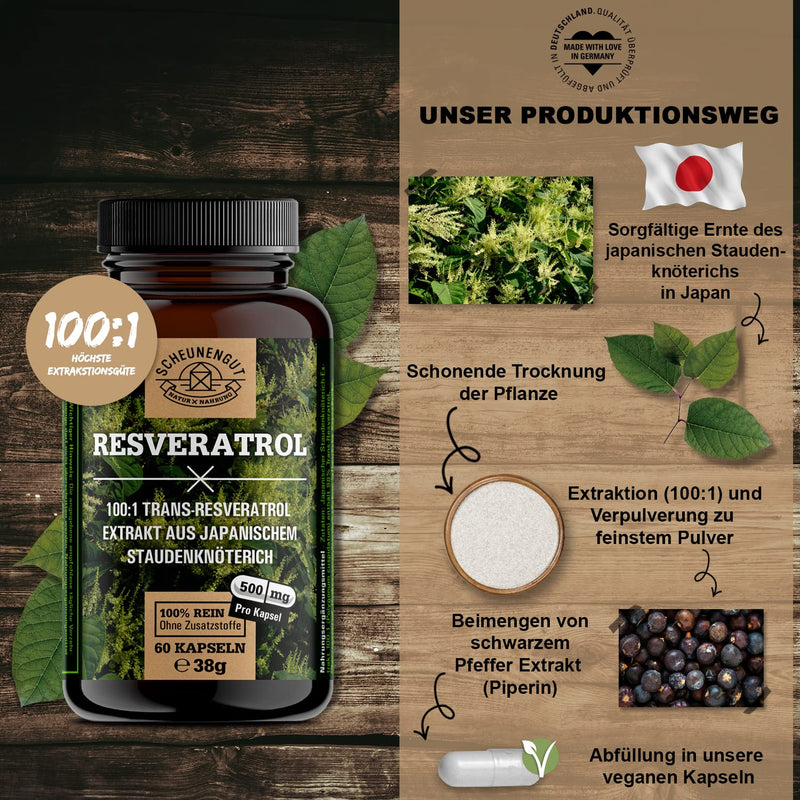 Resveratrol -1000Mg Per Daily Dose- Important: 100:1 Extract (=50,000Mg Japanese Knotweed Root Per Dose) + Piperine I 98% Trans-Resveratrol High Dose I Laboratory Tested I From De I Scheunengut - NewNest Australia