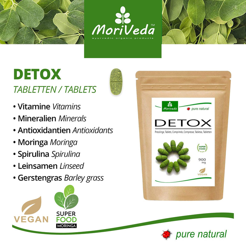 Moriveda Moringa Detox Tablets 900 Mg, Pack Of 120 I Moringa, Flaxseed, Barley Grass & Spirulina As A Natural Detoxification & Detoxification Treatment I Vegan & Gluten Free I 120 Tablets - NewNest Australia
