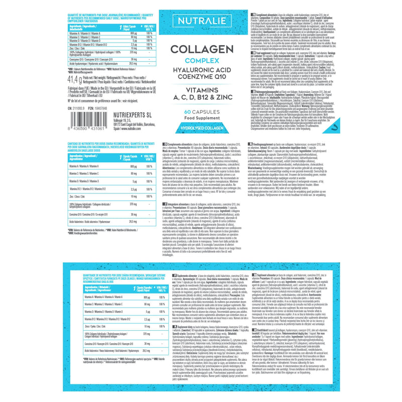 Collagen + Hyaluronic Acid + Coenzyme Q10 + Vitamins A, C, D and B12 + Zinc | For the joints and for the skin | Collagen hydrolyzate in 60 capsules | Nutralie 41.4 g - NewNest Australia