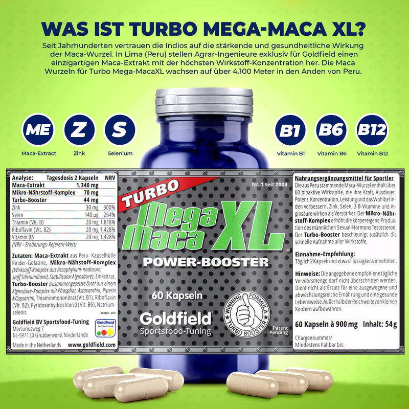 Goldfield Mega Maca XL | Increase Your Strength, Endurance, Potency, Concentration and Wellbeing | Extract from the Maca Root in Peru - for More Muscle Growth | Over 60 Natural Active Ingredients - NewNest Australia
