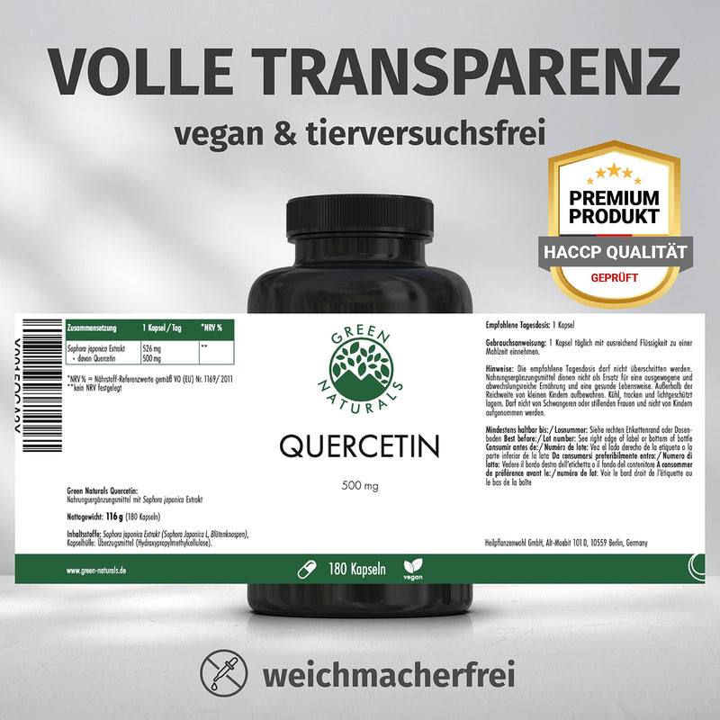 Quercetin - 180 capsules of 500 mg each made in Germany - 100% vegan & without additives - supply for 6 months - NewNest Australia