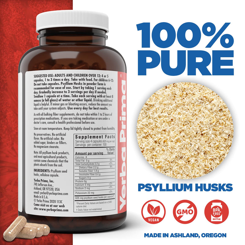 Yerba Prima Psyllium Husks Veg Caps, 400 Capsules (625mg) - Vegan, Non-GMO, Gluten Free, Colon Cleanser, Daily Fiber Supplement for Gut Health & Regularity - NewNest Australia