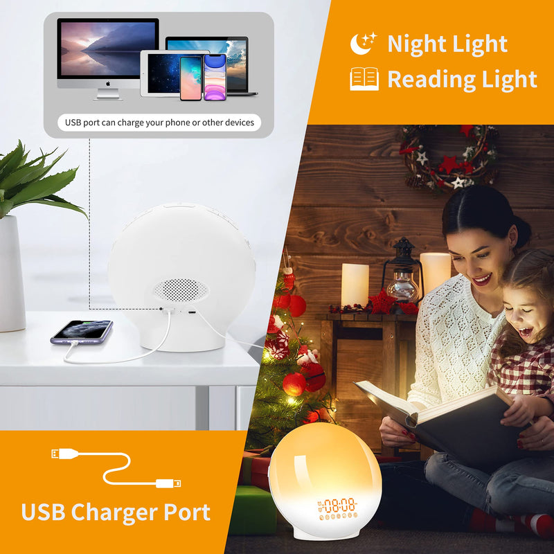 Artinabs Daylight Alarm Clock Light Wake Up Light Sunrise Sunset Simulation Alarm Clock Radio 7 Natural Sounds 2 Alarms Snooze 7 Color Light 20 Brightness Bedside Lamp Adults, Children - NewNest Australia
