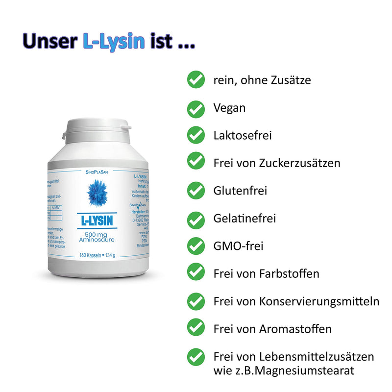 L-Lysine 500 mg amino acid (pure) per capsule || 180 capsules || natural & vegan || SinoPlaSan - NewNest Australia
