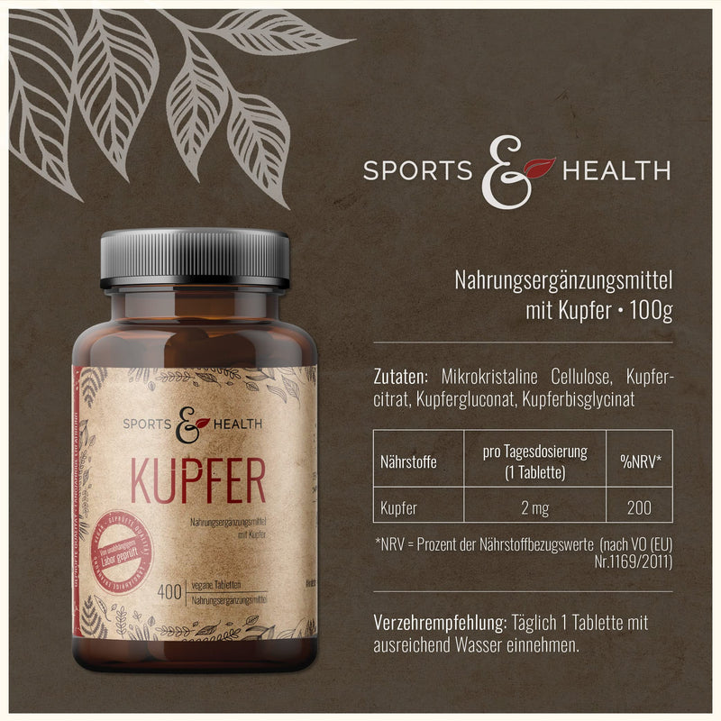 Copper tablets - 400 tablets - copper 2 mg per daily dosage - vegan - copper from 3 compounds - copper bisglycinate copper citrate copper gluconate - tested in Germany - NewNest Australia