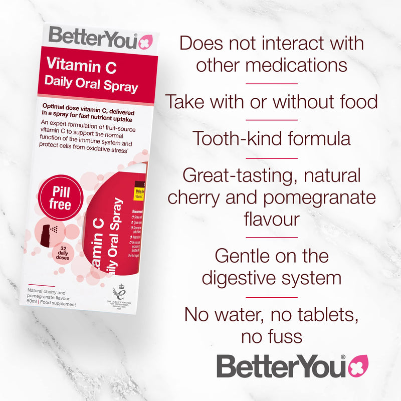BetterYou Vitamin C Daily Oral Spray | Selenium, Vitamin B2 and Green Tea Extract | 100mg per daily serving | Natural Cherry and Blueberry Flavour | 25ml - NewNest Australia