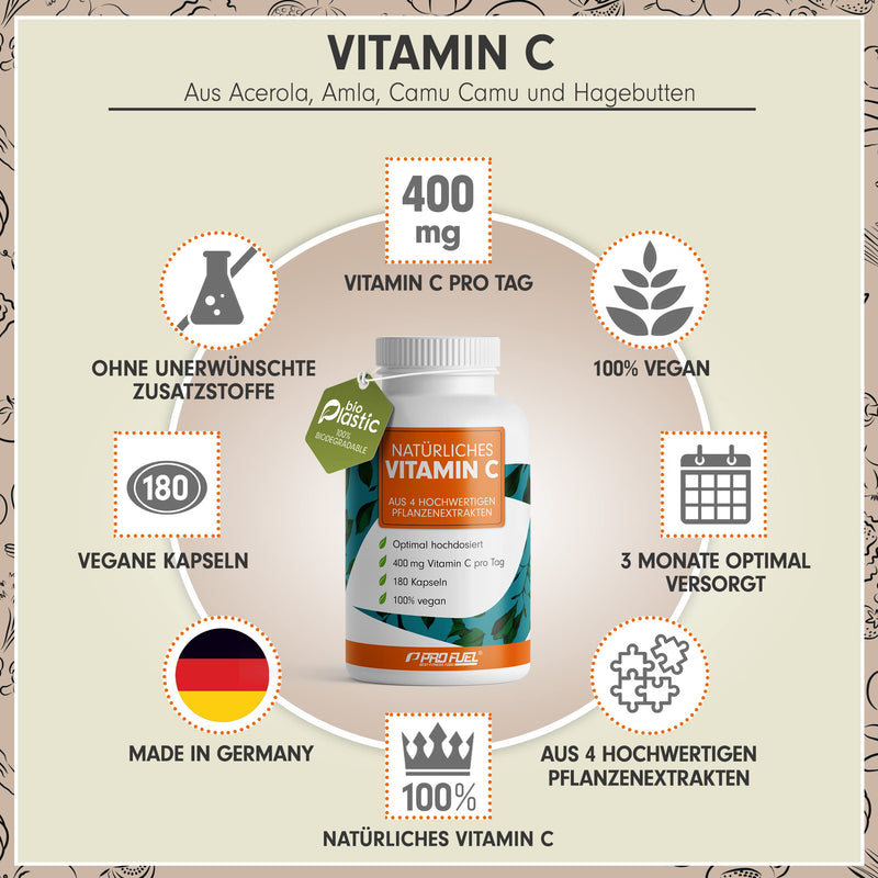 Natural VITAMIN C - 180 capsules - with 400 mg vitamin C from amla, acerola, camu-camu & rose hips per day - vitamin C complex - 100% vegan - without additives - 3 month supply - Made in Germany 1x 180 capsules - NewNest Australia
