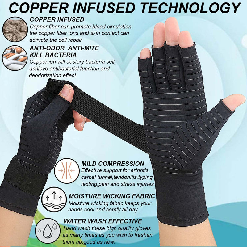 2 Pairs Fingerless Arthritis Gloves for Women, Copper Compression Gloves for Men with Adjustable Wrist Strap, Carpal Tunnel Small/Medium - NewNest Australia