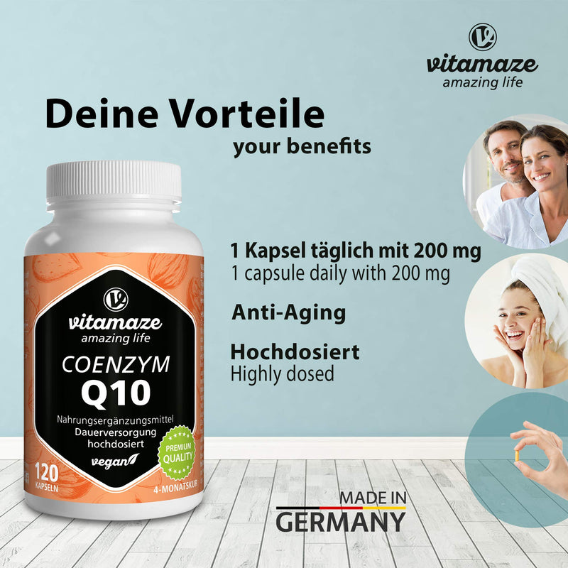 Coenzyme Q10 high dose, 200 mg per capsule, vegan, 120 capsules for 4 months, 98% ubiquinone with optimal bioavailability, without unnecessary additives, Made in Germany 4 month supply - NewNest Australia