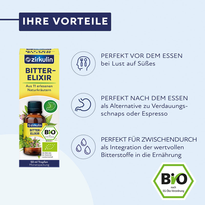 Zirkulin Bitter-Elixir - Organic Bitter Drops 50 Ml - Bitter Substances From 11 Exquisite Herbs 4-8:1 Extract - Hildegard Von Bingen - Vegan, Sugar-Free - Range 1,800 Drops - NewNest Australia