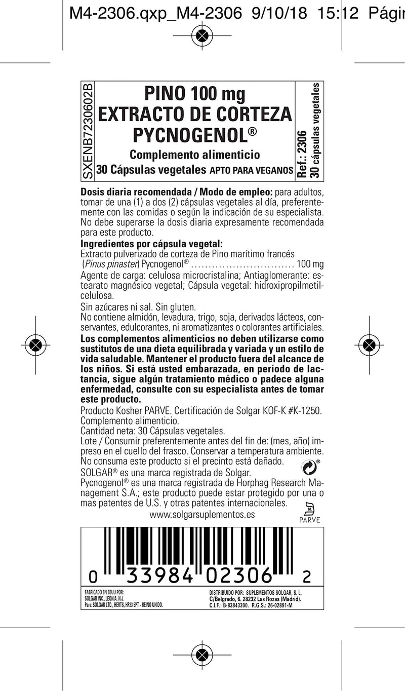 Solgar Pycnogenol 100 mg, 30 Vegetable Capsules - Antioxidant Protection - Healthy Leg & Vein Support - Non-GMO, Vegan, Gluten Free, Dairy Free, Kosher - 30 Servings - NewNest Australia