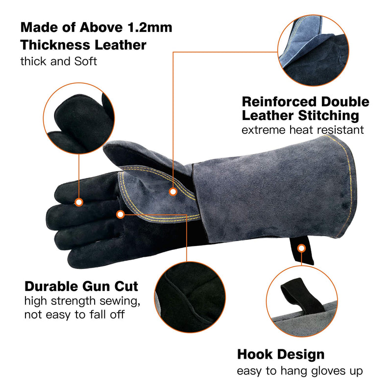 WZQH 16 Inches,932℉,Leather Forge Welding Gloves, with Kevlar Stitching Heat/Fire Resistant,Mitts for BBQ,Oven,Grill,Fireplace,Tig,Mig,Baking,Furnace,Stove,Pot Holder,Animal Handling Glove.Black-Gray - NewNest Australia