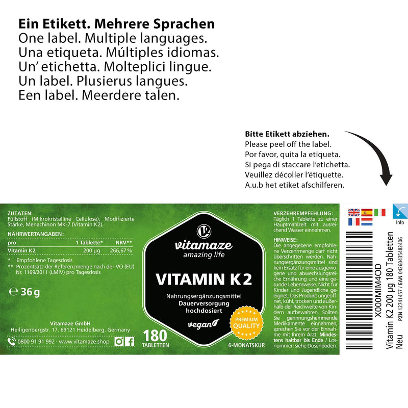 Vitamin K2 high dose & vegan, 200 mcg MK-7 Menaquinone (certified, all-trans form), 180 tablets 6 month supply, natural dietary supplement without additives, Made in Germany - NewNest Australia