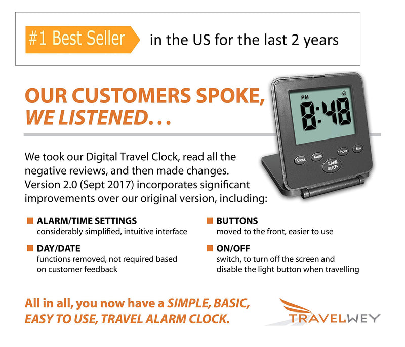 NewNest Australia - Digital Travel Alarm Clock - No Bells, No Whistles, Simple Basic Operation, Loud Alarm, Snooze, Small and Light, ON/Off Switch, 2 AAA Battery Powered, Black 