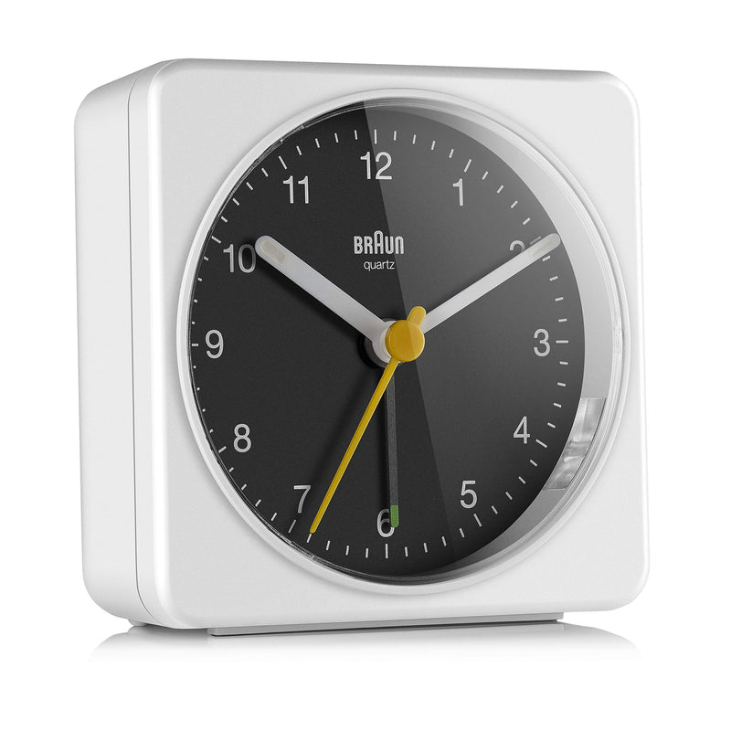 NewNest Australia - Braun Classic Analogue Alarm Clock with Snooze and Light, Quiet Quartz Sweeping Movement, Crescendo Beep Alarm in White and Black, Model BC03WB. 