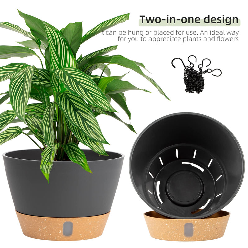 2 Pack Hanging Planters Set,10 Inch Indoor Outdoor Hanging Plant Pot Basket,Hanging Flower Pot with Drainage Hole with 3 Hooks for Garden Home(Grey) Gray - NewNest Australia