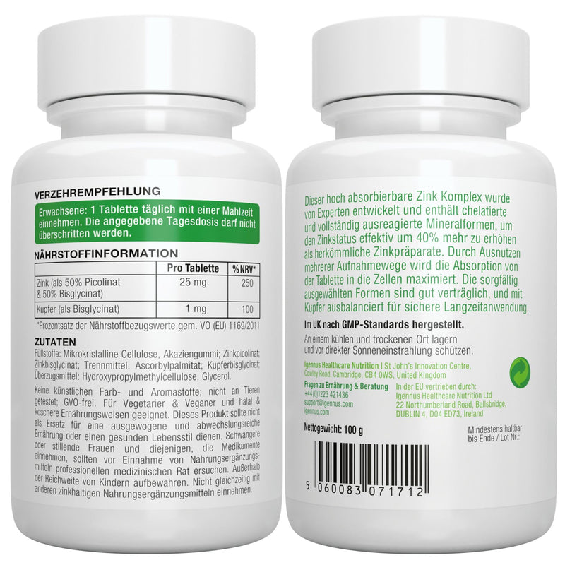 Zinc Chelate 25mg, zinc tablets high dosage with copper, zinc bisglycinate & zinc picolinate for healthy skin, immune system, and cell health, clean label, 180 tablets, from Igennus - NewNest Australia