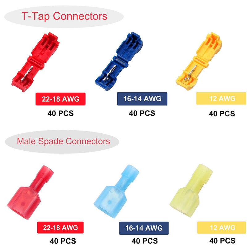 Flytuo 240PCS T-Tap Wire Connectors, Self-Stripping Quick Splice Electrical Wire Terminals, Insulated Male Quick Disconnect Spade Terminals Assortment Kit - NewNest Australia