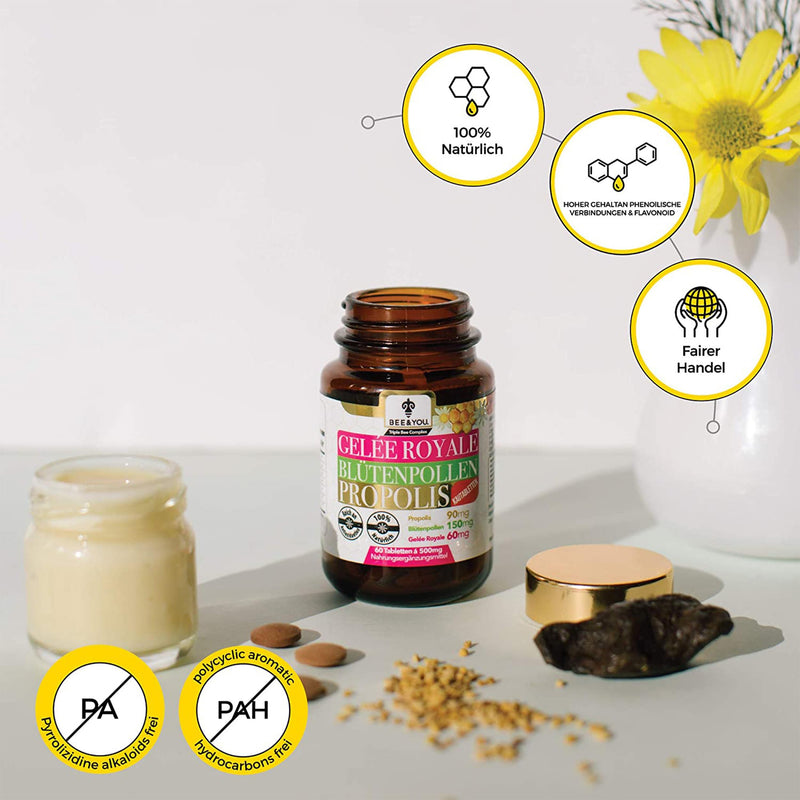 Bee&You Royal Jelly Bee Pollen Propolis with 500 mg 60 tablets (Propolis Capsules - Chewable Tablets - Propolis Extract - No Additives - Fair Trade - Natural & Controlled Ingredients) - NewNest Australia