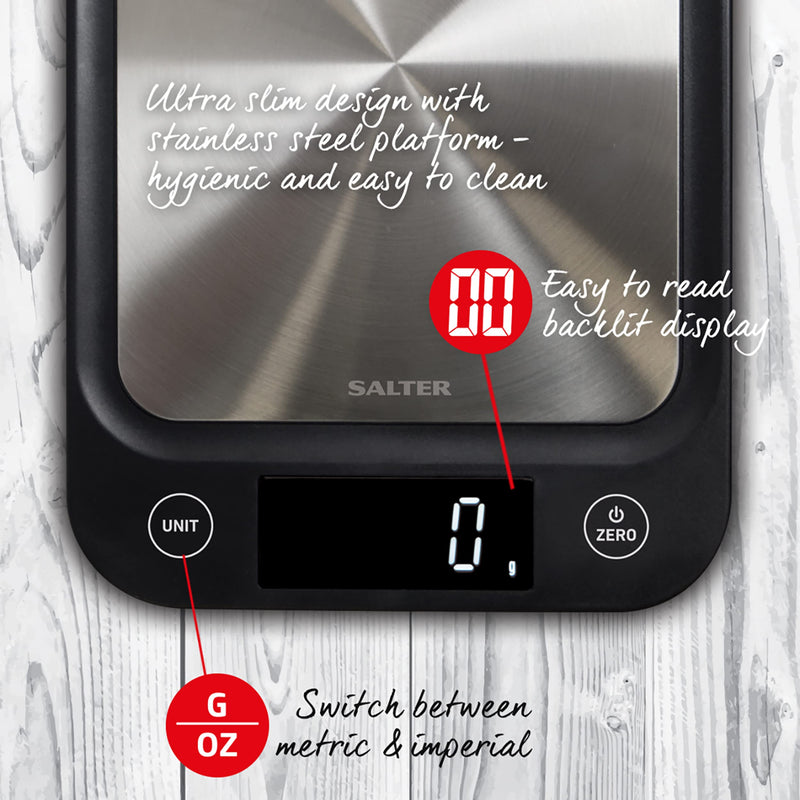 Salter 1068 SSBKDR Ultra Slim Electronic Kitchen Scale, Stainless Steel Platform, Grams & oz. for Baking & Cooking, Easy Clean, Add & Weigh, Measures Liquids, Backlit Display, Black stainless steel Black, Stainless Steel Scales Single - NewNest Australia