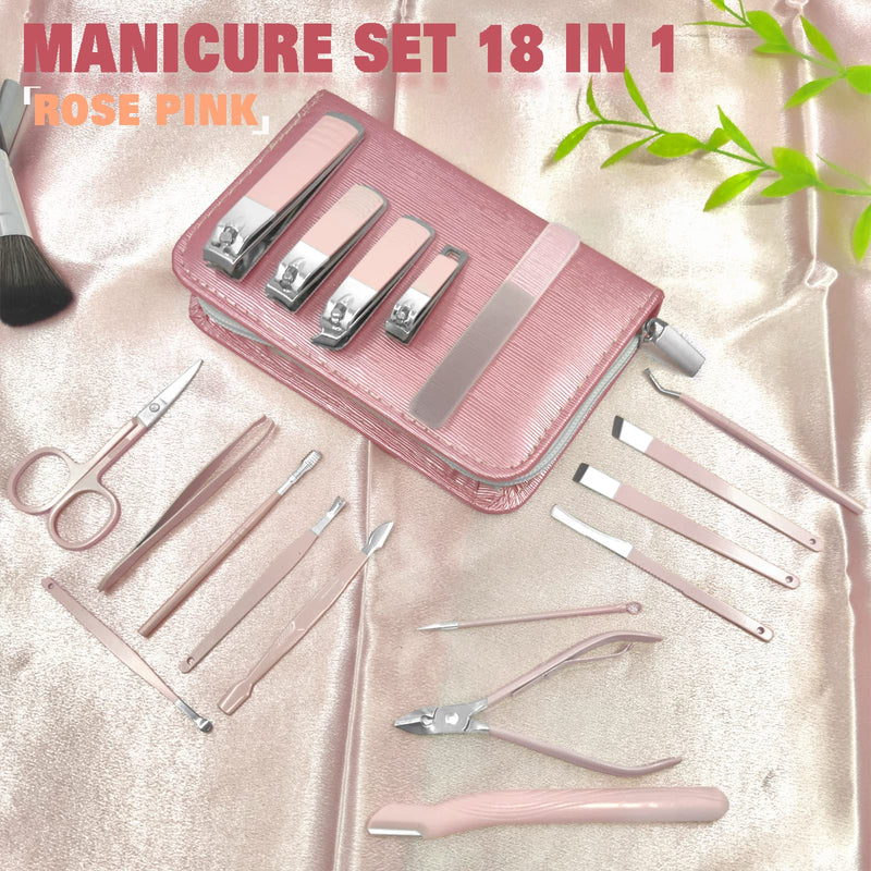 Manicure Set Professional Nail Clippers Kit With 18pcs Stainless Steel Nail Care Tools, Men Women Nail Grooming Pedicure Kit With Luxurious Leather Case Zip Bag For Home Care, Gift, Travel （Pink) Rose Pink-18Pcs - NewNest Australia