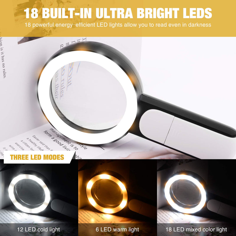 JMH Magnifying Glass with Light, 30X Handheld Large Magnifying Glass 18LED Cold and Warm Light with 3 Modes, Illuminated Lighted Magnifier for Seniors Reading, Inspection, Coins, Jewelry, Exploring Black - NewNest Australia