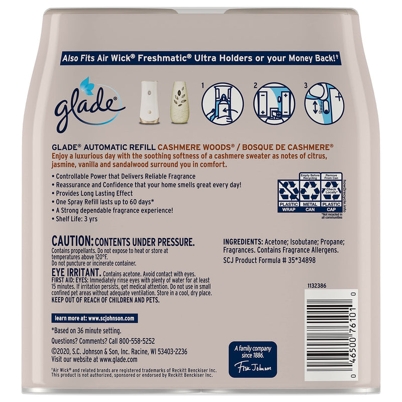 Glade Automatic Spray Refill, Air Freshener for Home and Bathroom, Cashmere Woods, 6.2 Oz, 2 Count - NewNest Australia