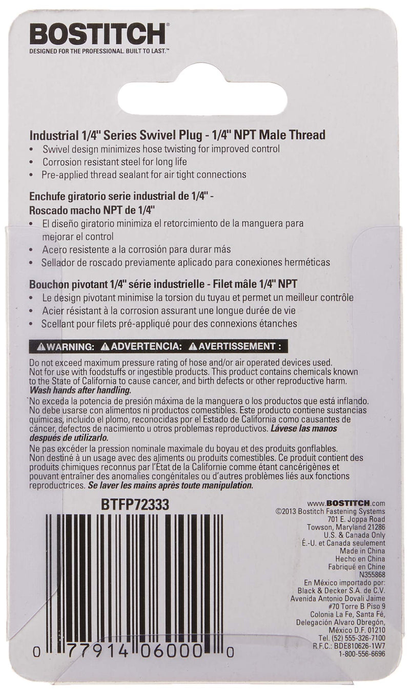 Bostitch BTFP72333 Industrial 1/4-Inch Series Swivel Plug with 1/4-Inch NPT Male Thread - NewNest Australia