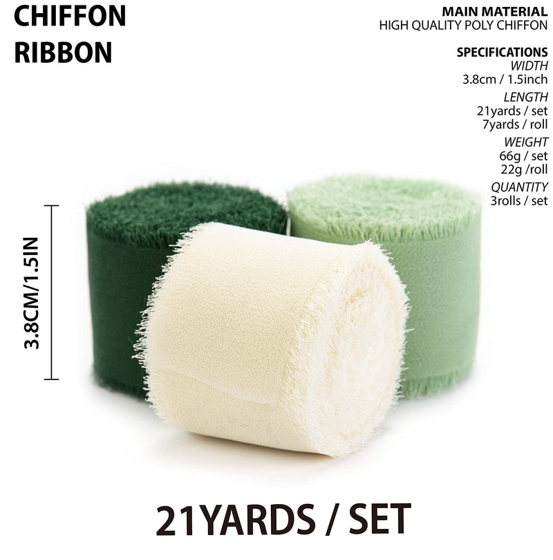 Vitalizart 3 Rolls Handmade Fringe Chiffon Silk Ribbon Gauze 1.5" x 7Yd Cream & Green Ribbons Set for Wedding Invitations, Bridal Bouquets, Gifts Wrapping, DIY Crafts - NewNest Australia