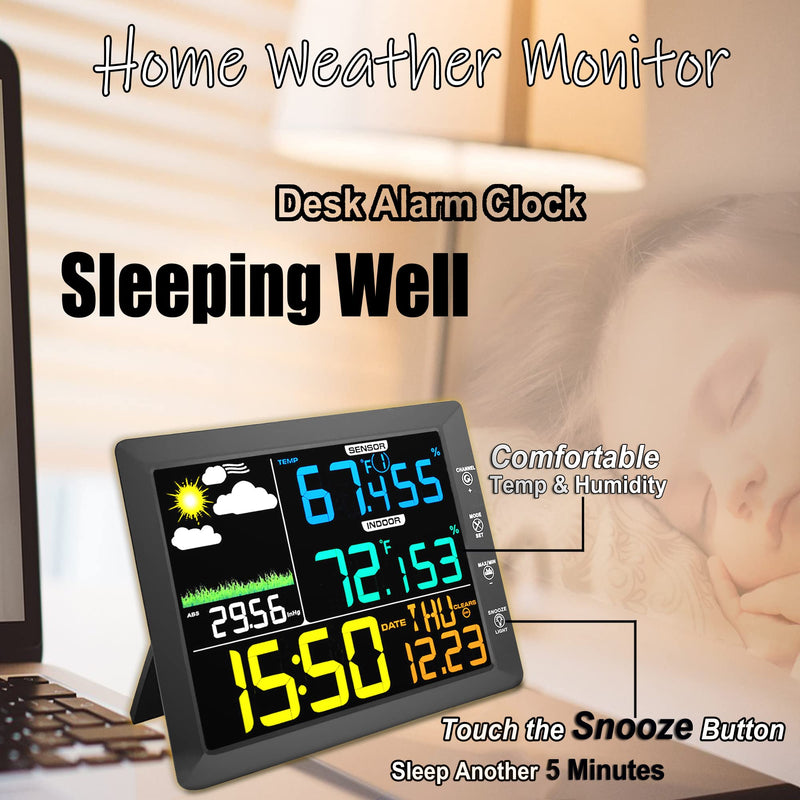 AIRAIN TECH Wireless Weather Station Clock, 10 Inch Home Indoor Weather Monitor with Barometer, Outdoor Temperature and Humidity Gauge, Black - NewNest Australia