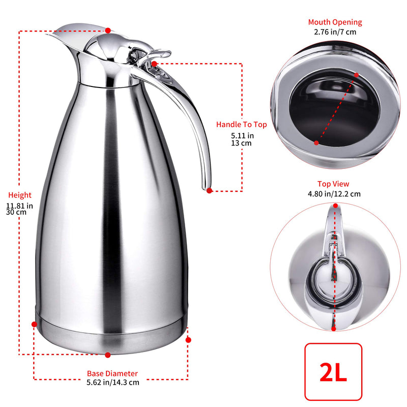 Velaze Vacuum Jug 70 Oz, Thermal Coffee Carafe Insulated 2L, Vacuum Stainless Steel Tea Carafe Hot Coffee Pitcher Double Walled, 24 Hour Heat Retention, Silver 2 Litre - NewNest Australia