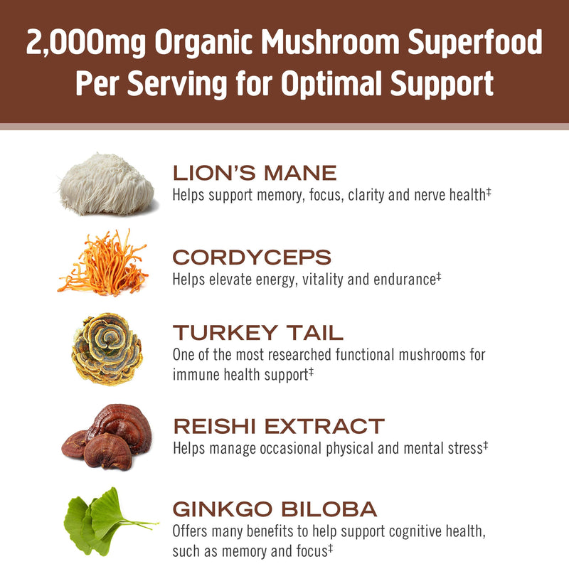 Om Mushroom Superfood Coffee Blend Mushroom Powder, Single Serve, 10 Count, Organic Arabica Beans, Lion's Mane, Cordyceps, Turkey Tail, Reishi Extract, Ginkgo Biloba, Supports Energy and Focus 10 Servings - NewNest Australia