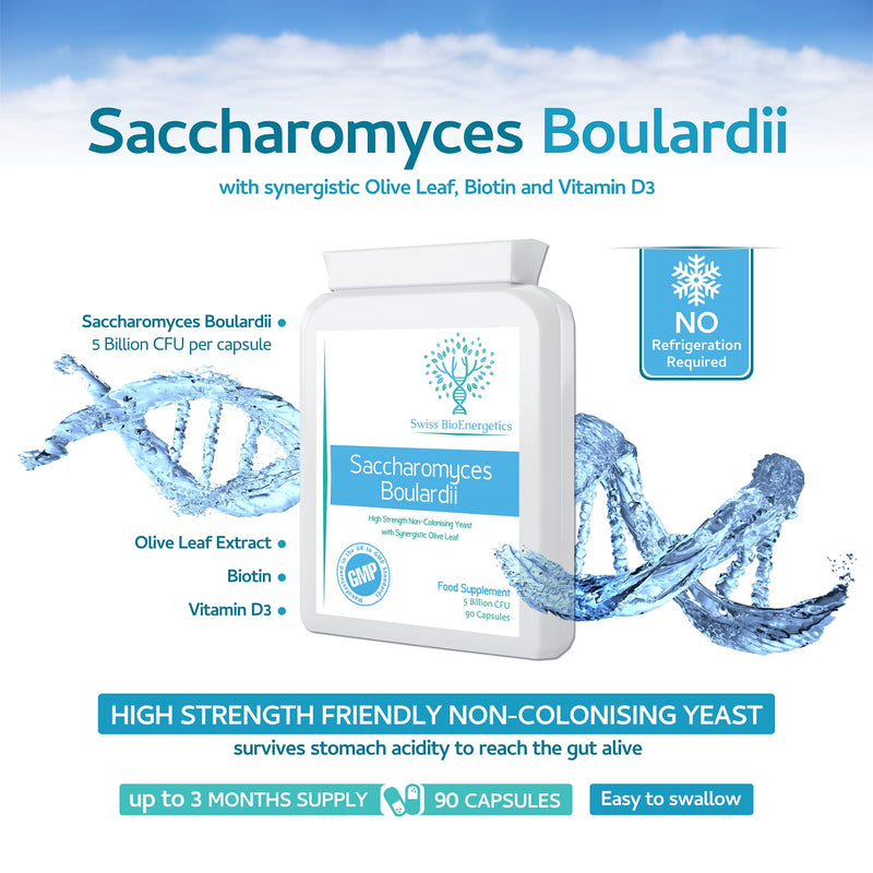 Saccharomyces Boulardii 5 Billion CFU 90 Capsules - No Refrigeration Required - High Strength Non-Colonising Yeast with synergistic Olive Leaf, Biotin and Vitamin D3 - NewNest Australia